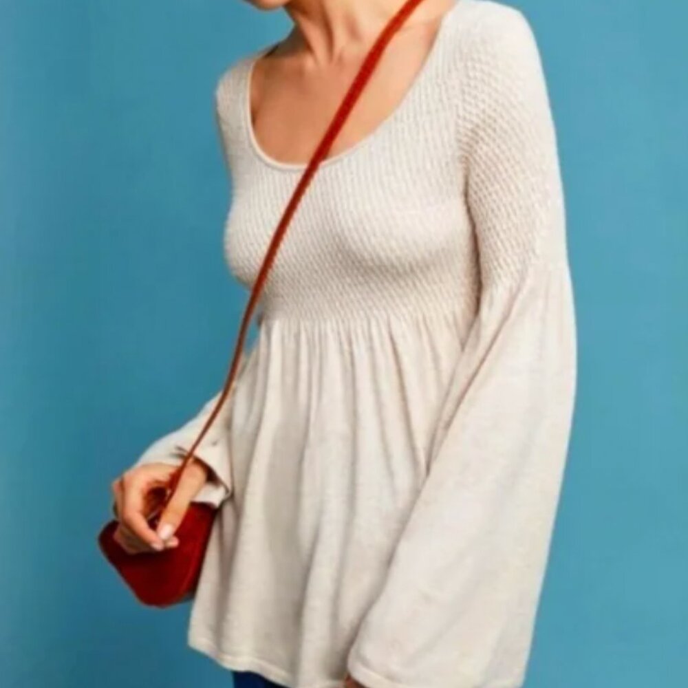 Anthropologie Knitted & Knotted Esme Bell Sleeve Smocked Babydoll Sweater